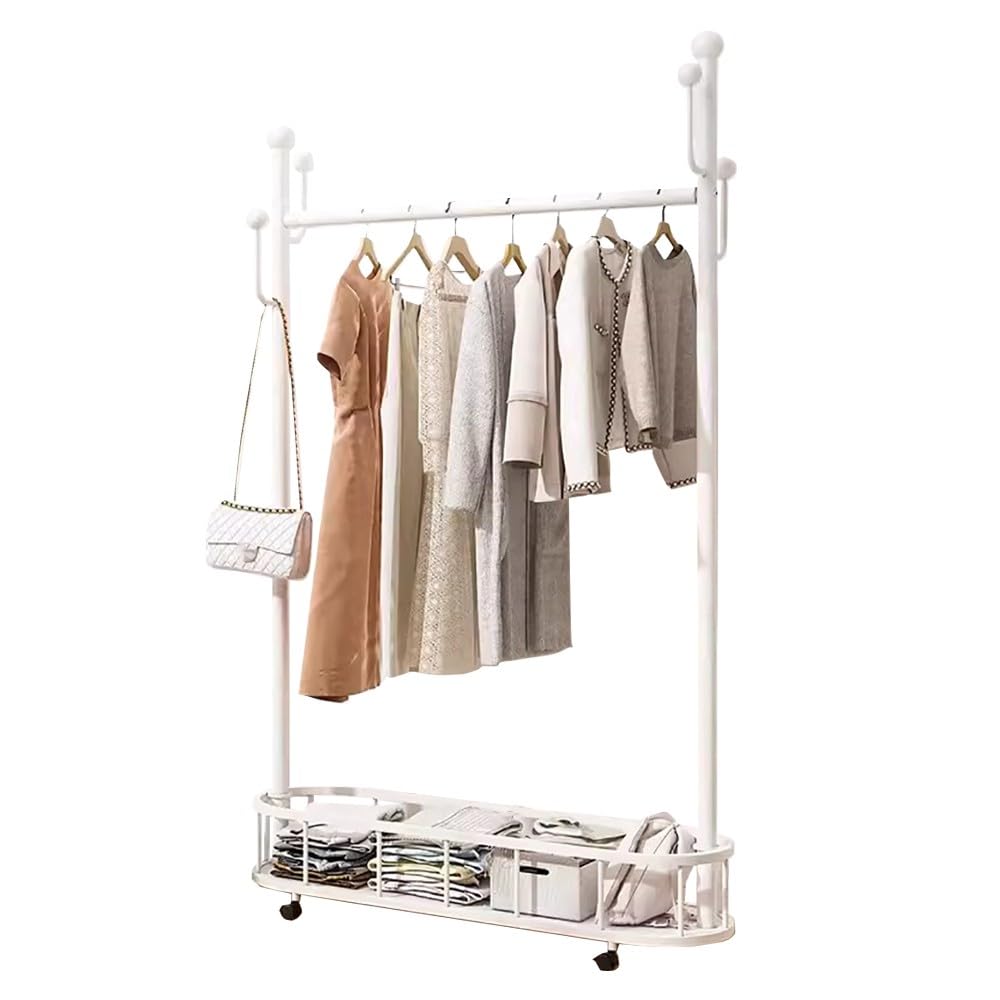 Perchero industrial de metal con ruedas y cesta organizadora de ropa ajustable para dormitorio