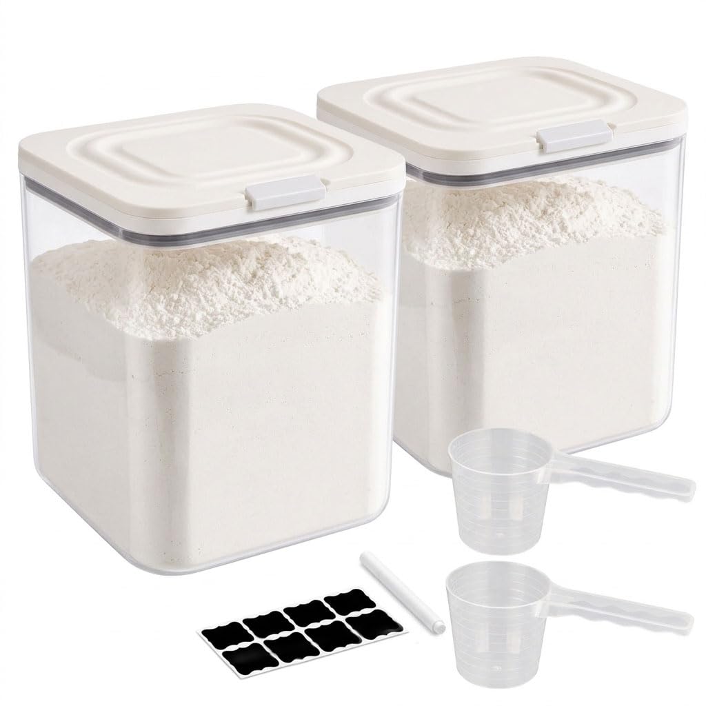 Raoletin Flour Storage Containers 2.5L Set of 2 Flour Container, Plastic Cereal Storage Containers with Labels and Scoop for Pantry, Food Storage Containers with Lids for Dry Food, Sugar, Pasta
