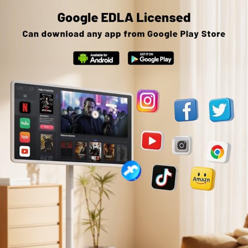 VLH 32 Inch Smart Portable Tablet TV with Rolling Stand, 1080P Touch Screen Display, Android 15, Built-in 38400mAh Battery, 8+128GB Wireless Screen on Wheels with Remote, 5MP Camera, 360° Rotation