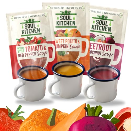Soul Kitchen Instant Soup Variety Pack Premium Vegan Gluten-Free Cup Soup Low-Calorie Healthy Lunch Real Vegetables No MSG Quick Office Work Snack Three Flavours 12x25g Bundle