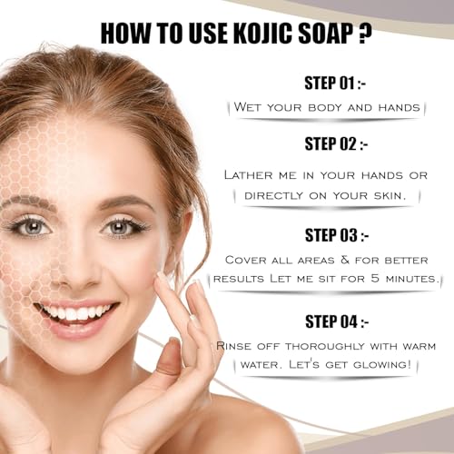Image of Kojic Acid Soap (Pack of 3 (100 Grm)) for Hyperpigmentation - with Glutathione, Collagen & Vitamin C - Natural Soap Bars with Turmeric - Original Japanese Complex for Dark Spot Correction