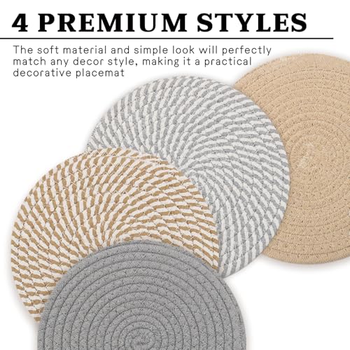 20CM Placemats Set of 4, Round Cotton Braided Woven Placemats, Heat Resistant Grey placemats, Washbale placemat and Coasters for Kitchen Dining Table Home Restaurant - Image 4
