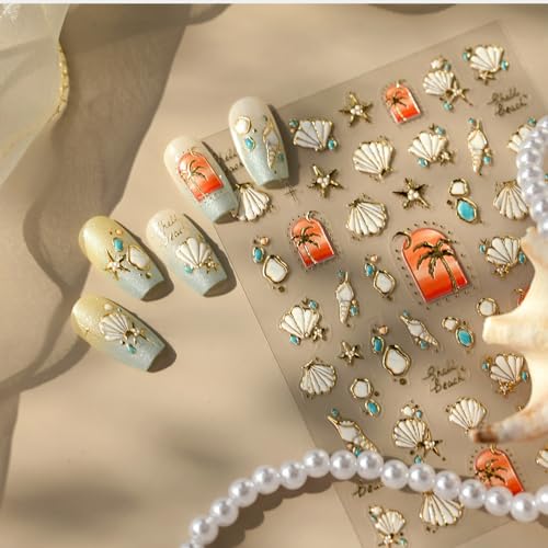 Image of Ocean Shells Nail Stickers with Gilded Design Summer Nail Art Stickers Coconut Tree Nail Decals 5D Embossed Self Adhesive Retro Style Manicure Charms Decoration for Women