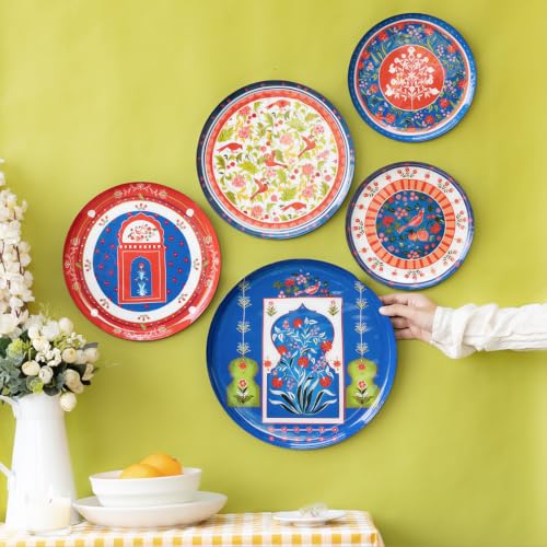 Image of RITUALISTIC Indigo Jaipur Metal Wall Plates | Rajasthani City Palace Art | Wall Decor for Living Room, Bedroom & Hall | Wall Art & Showpiece | Gift for Women & Men | Set of 5 Assorted Sizes