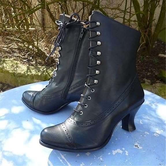 Victorian Boots For Women Vintage Ankle Booties Almond Toe Lace Up Mid Calf Boots Witch Granny Booties Victorian Shoes Costume Cone Heel Side Zipper Shoes