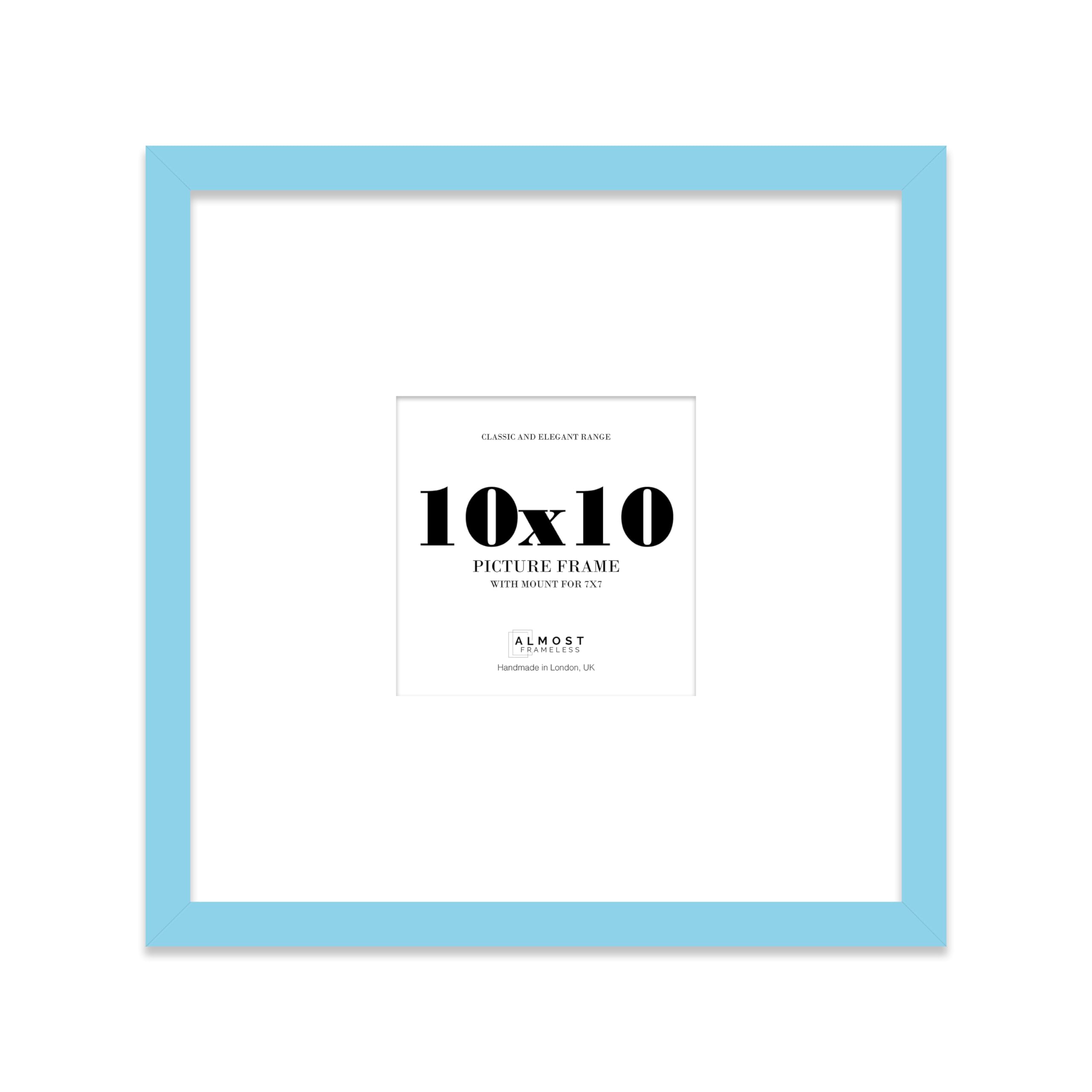 Almost Frameless 10x10 Square Picture Frame, Display Pictures 7x7 With Mat or 10x10 Without Mat, Wall Hanging & Free Standing Photo Frame, Light Blue, 1 Pack