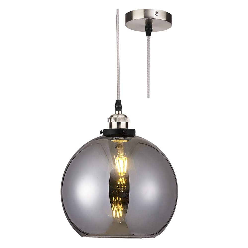 Brushed Chrome & Smoked Domed Globe Glass Vintage Retro Pendant Ceiling Light | 25cm Diameter | Silver Braided Cable | 1 x ES E27 Lamp Bulb Required | 240 Volts | Bedroom - Lounge - Kitchen
