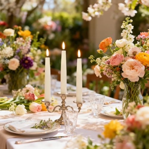 Image of Real Wax Flameless Taper Candles with 6H Timer, LED Flickering Taper Candles Battery Operated with 3D Wick, 4 Pcs Ivory Flameless Candlesticks for Spring Wedding Home Decor