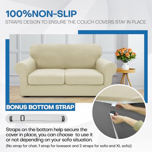 XINEAGE New 3 Pieces Couch Covers for 2 Cushion Sofa Super Stretch Loveseat Slipcover Pet Dog Universal Slip Cover Anti Slip Love Seat Furniture Protector (Light Beige, 55"-69")