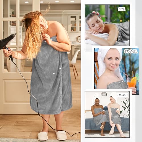 Image of Tigeen 4 Pcs Spa Wrap Towel Wrap for Women Spa Robe with Adjustable Closure Elastic Top Lightweight Wraps for Bath Shower (Black,L-XL)