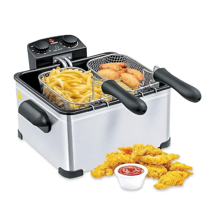 Double Basket 5L Electric Deep Fat Fryer Easy Clean 2000W Stainless Steel 3 Baskets Adjustable Temperature Viewing Window Cool-Touch Handle Ideal for Chips Chicken Onion Rings