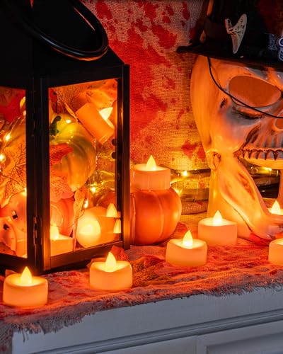 Image of merrynights Halloween Flameless Candles, 12-Pack Orange Tea Lights Candles Battery Operated, LED Pumpkin Lights Flickering, Electric Fake Tealight Candles, 1.5'' D X 1.25'' H