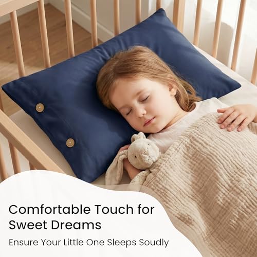 Image of EXQ Home Toddler Pillowcases with Button Closure 13x18 Travel Pillow Case Set of 2, Small Pillow Case Fits Baby Pillow Sized 12x16, 13x18, Kids Pillowcases 2 Pack Machine Washable (Dark Navy)
