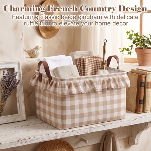 Image of Boao 1 Pcs Brown Ruffled Gingham Canvas Basket, Rectangular Organizing Decorative Storage Basket with Handle, Cute Farmhouse Home Decor for Nursery Room Bathroom Living Room