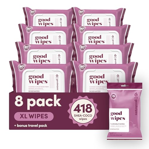 goodwipes Flushable Butt Wipes - Vitamin E & Aloe - Sewer & Septic Safe - Extra Large Adult Wet Wipes For Women & Men - Bathroom Essentials - Rosewater, 418 Count (8 Packs + 1 Travel)
