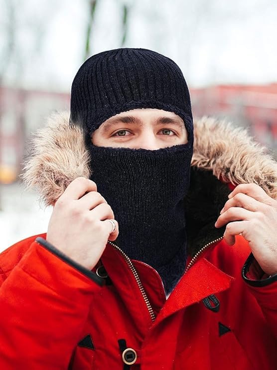 Image of Snow Proof Inside Fur Wool Unisex Monkey Beanie Cap Hat | Breathable Knit Thick Fleece Lined Foldable Use as Skull Woolen Winter Caps Hat Men & Women | Motorcycle Balaclava | Freesize