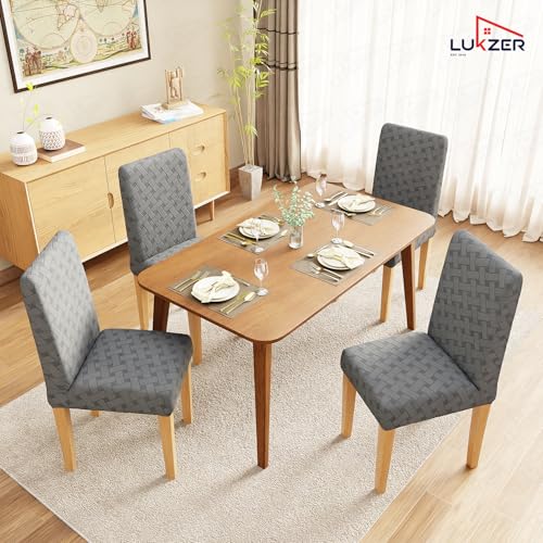 Image of Lukzer Elastic Dining Chair Cover - 1PC Pastel Dark Grey Basket Weave | Textured High Stretch Jacquard Seat Cover | Removable Washable Short Dining Chair Cover Protector Seat Slipcover | (CC-111-01)