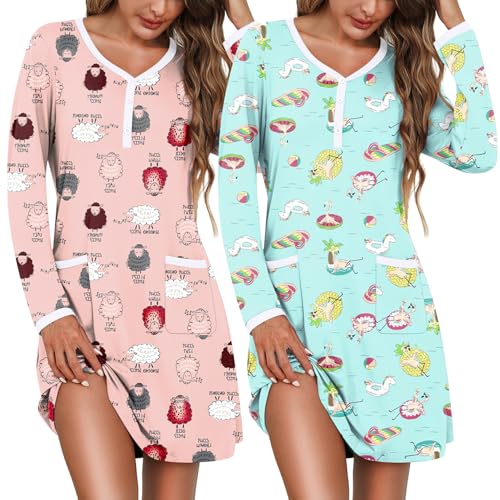 Marvmys Women's 2 Pack Nightgown Long Sleeve Henley Sleepshirt Soft Short Pajama Dress with Pockets Pink Sheep& Beach Large