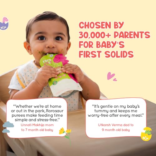 Image of Rorosaur Baby Food Purees - Ready to Eat - 9 Pouch Combo (100g each - combo pack), 6+ Months | Grain, Fruit, Veggie | Natural, Easy to Digest, No Preservatives, No Added Sugar, No Salt