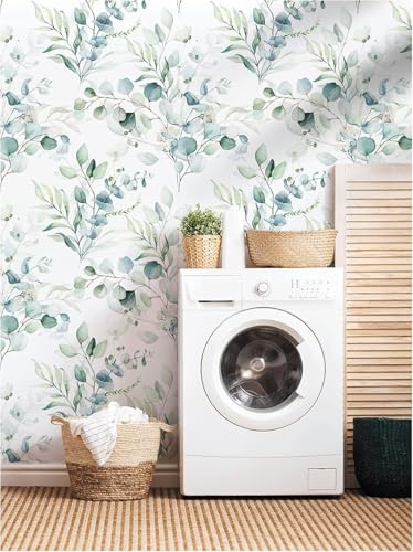 Image of ELTON Waterproof Peel and Stick Floral Wallpaper, Self-Adhesive Vinyl Wall Covering for Bedroom, Living Room Bathroom Cabinet, Countertop (45 x 600 cms, Green Eucalyptus Leaf Pattern)