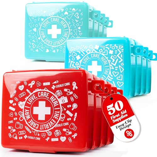 EVERLIT Pocket-Aid Mini First Aid Kit | Compact Portable Hard-Shell Cases of 50 Items | Cuts Scrapes Wound Care Essentials for Travel Outdoor School Camping Home Office (12 Packs | 600 Pcs)