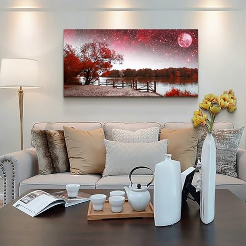 Wapluam Framed Canvas Wall Art For Living Room Wall Decor Artwork For Bedroom Office Decor Red Tree Landscape Wall Paintings Starry Sky Moon Wall Pictures Aesthetic Room Home Decoration 20" X 40" by Wapluam - Image 4