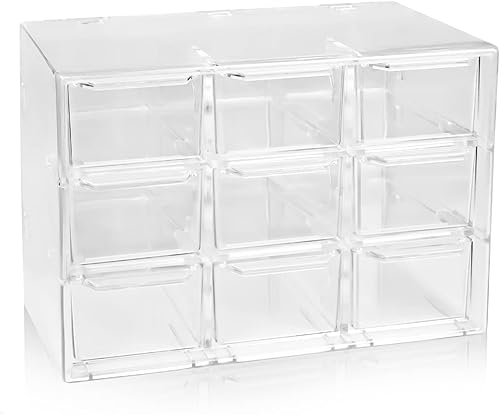 Organizador de escritorio transparente con cajones, mini suministros de oficina y estuche de almacenamiento de joyas, 9 cajones