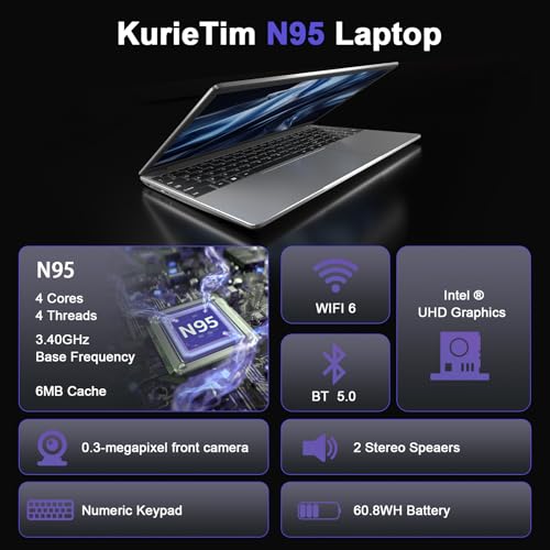 Image of KurieTim 15.6 inch Laptop Computer, 32GB DDR4 RAM 512GB PCIe SSD, IntelN95 Processor(4C /4T, Up to 3.4GHz), Gaming Laptops with Backlight Keyboard, Fingerprint Reader, 8000mAh Battery, Win11 Pro,Silver