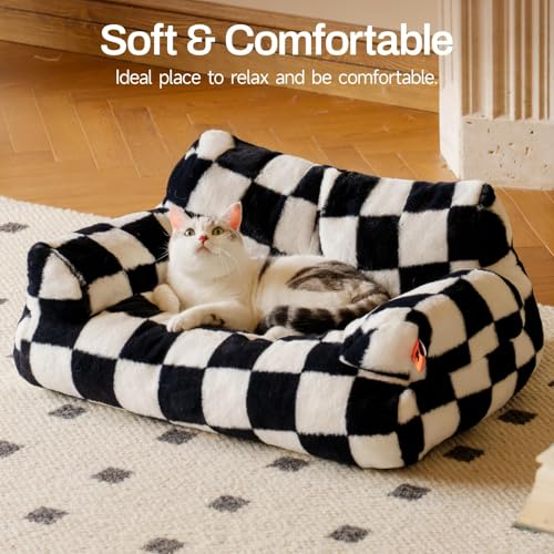 MEWOOFUN groß Katzenbett kleines Hundesofa Flauschig und waschbar Katzensofa Hundebett für Katzen, weich Katzenbett katzencouch mit Rutschfester Unterseite, Schachbrett 66x48cm