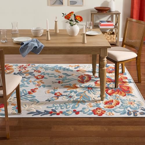 Towncountryeverydayhibiscusbloommodernfloralindooroutdoorarearuguvfaderesistanthighlowpileivoryredblue52x72  Urban Country Home Decor Town country everyday hibiscus bloom modern floral indoor outdoor area rug uv fade resistant high low pile ivoryredblue 52×72  urban country home decor