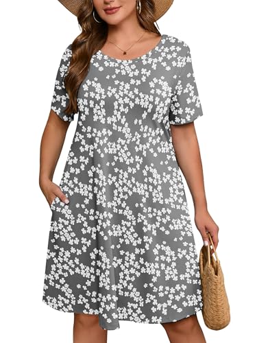 Image of AusLook Plus Size Midi Dress for Women Casual Summer Short Sleeve A Line Swing Dress with Pocket Round Neck Flowy Dress 1X-5X