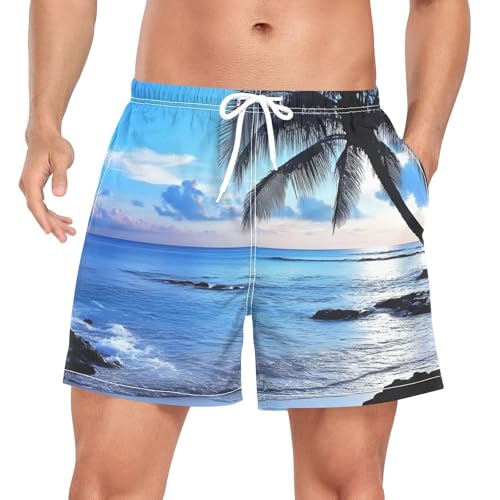 Mens Swim Trunks with Liner, Beach Palm Tree Cool Quick Dry Beach Swim Shorts, Swimwear Bathing Suits S