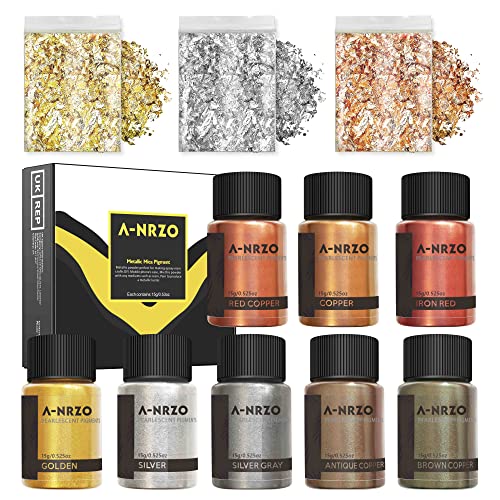Polvo de Pigmento MetáLico Para Resina Epoxi - 8 Colores Finos, Grado CosméTico, Incluye 3 Paquetes De Hojas de Oro, FáCil de Mezclar Con Resina Epoxi, Slime,15gBotella
