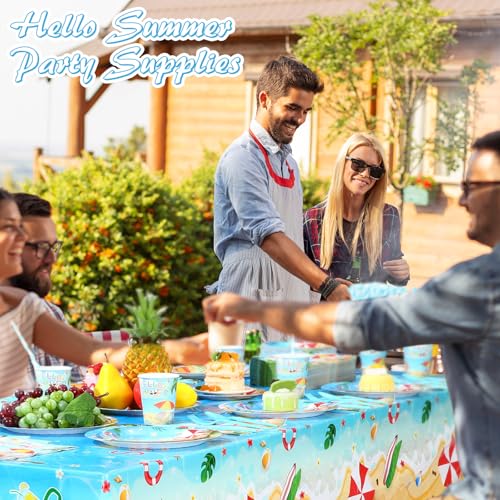 Image of Funnymoom 452 Pcs Hello Summer Plates and Napkins Beach Party Supplies for 50, Summer Beach Cup Tablecloth Cutlery Disposable Tableware for Hawaiian Tropical Luau Ocean Pool Birthday Party Decoration