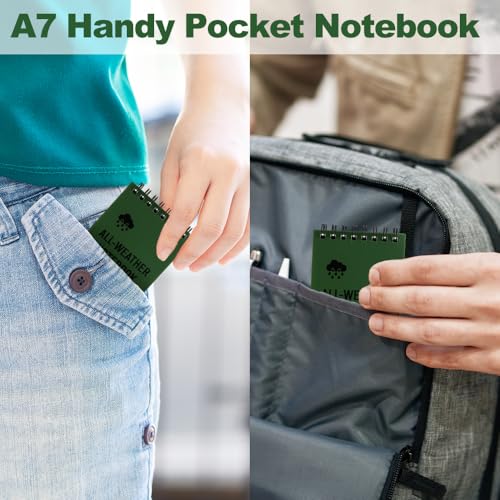 QLFJ-FurDec 4PCS Wasserdichtes Notizbuch Mini Notizblock, 1PCS Molle Tasche und 2PCS Kugelschreiber, A7 Pocket Write in the Rain Notizbücher mit Spirale, 13x7.7cm Kleiner Field Notes (Grünes Set)