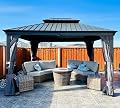 Domi 10’x12’ Hardtop Gazebo with Aluminum Frame, Outdoor Metal Gazebo with Galvanized Steel Double Roof, Heavy Duty Curtains and Netting Included, Permanent Pergola for Backyard, Garden Lawn, Grey