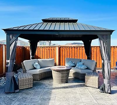 Domi 10’x12’ Hardtop Gazebo with Aluminum Frame, Outdoor Metal Gazebo with Galvanized Steel Double Roof, Heavy Duty Curtains and Netting Included, Permanent Pergola for Backyard, Garden Lawn, Grey