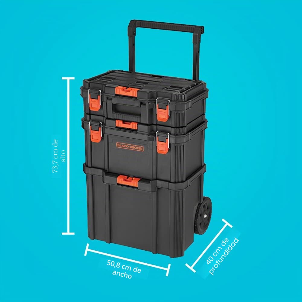 beyond Sistema de almacenamiento apilable BLACK+DECKER BLACK+DECKER BDST60500APB - Juego de 3 piezas (caja de herramientas pequeña, profunda y bolsa rodante)