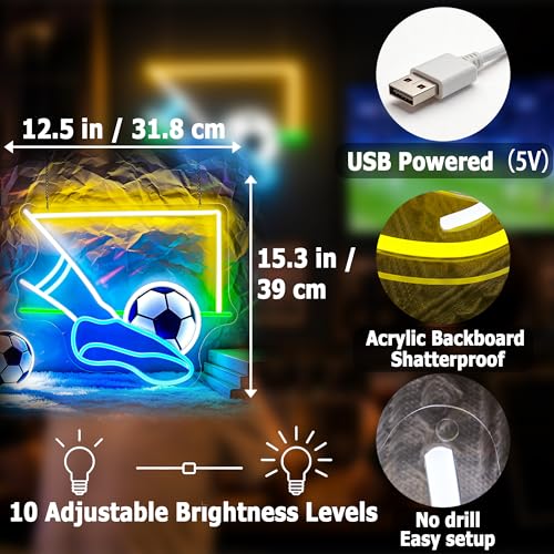 Image of Soccer Neon Sign for Wall Decor Light Up Sign Led Signs for Room Party Home Wall Decor USB Powered