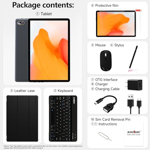 Image of kinstone 10.1 inch Android 2-in-1 Tablet with Keyboard, Mouse-Case, 6GB+128GB (1TB Expandable), Octa-Core Fast Processor, Dual-Band Wi-Fi, Ideal for Study, Work-Entertainment, 6000mAh Battery, GPS