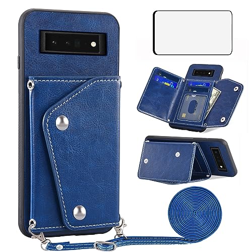 Protection Pixel 6 Pro portefeuille porte-carte bandoulière cuir et verre trempé