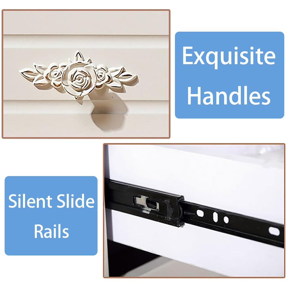Comodino in Stile provenzale Francese, con Motivo Floreale in Legno e 2 cassetti, Ideale per Camera da Letto e Soggiorno (Bianco e Argento).