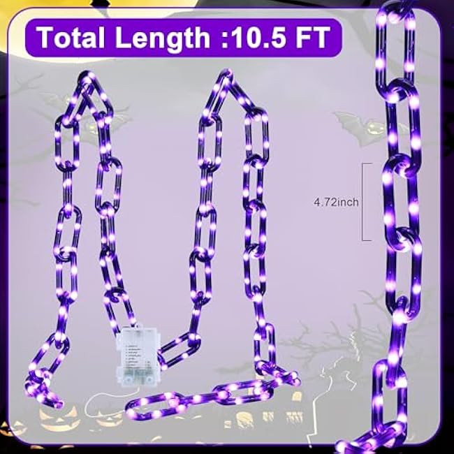 Battery Operated Halloween Lights, 10.5FT 175 LED Plastic Chains Lights, 8 Modes Waterproof Timer String Light for Skeleton Dog Creepy Costumes Accessories Spooky Outdoor Decorations(Purple)