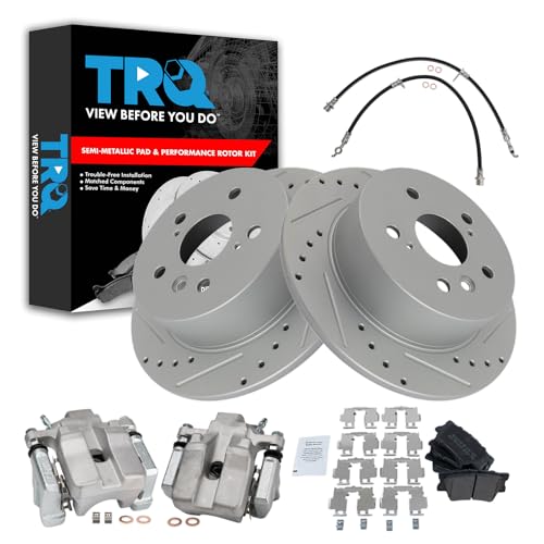 Image of TRQ Rear Brake Pad & Rotor Kit Slotted X Drilled Performance Semi-Metallic Compatible with 2007-2012 Lexus ES350 2008-2012 Toyota Avalon 2007-2011 Camry