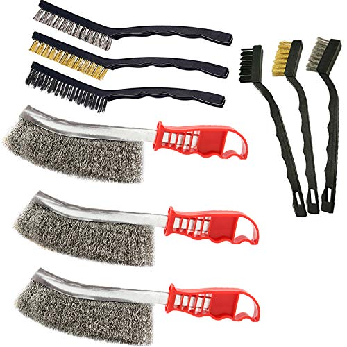 Sayago 9-Teiliges Drahtbürsten-Set mit Borsten aus Edelstahl Messing und Nylon gebogener Griff für die Reinigung von Schweißschlacken und Rost 2 Stück pro Typ (9 Pcs Drahtbürste Set)