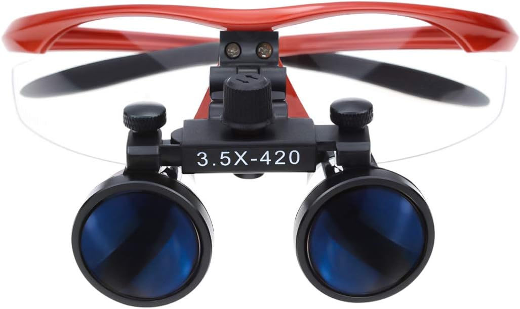 3.5X 420mm Working Distance Optical Glass Binocular Loupes with Filter LED Head Light Lamp , Carrying Aluminum Case (Red)