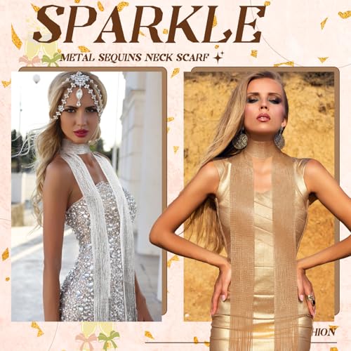 4 Pcs Glitter Sequin Tie Scarf Long Thin Skinny Scarf Women Lightweight Sparkling Metallic Shawls Necker for Evening Party Wedding Daily Wear, Sliver, Gold, Black and Beige3
