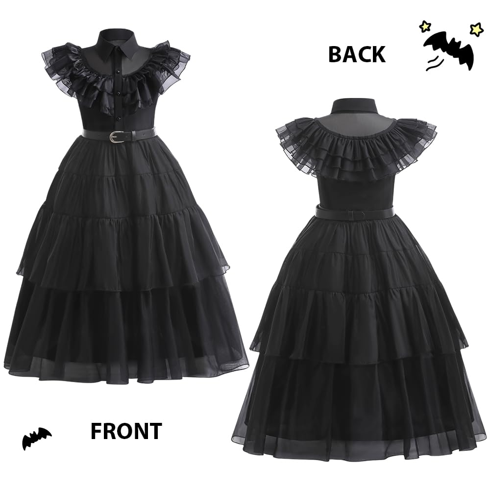keaiyouhuo Halloween Costume Girl Dress per Bambini Abito Della Principessa Nero Cosplay Party Outfit con Cintura Parrucca Calzini 4-14Y