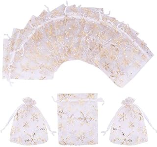 100Pcs Snowflake Pattern White Organza Wedding Favour Bags Confetti Sweets Bag Gift Favor Bag Jewelry Pouches 12x10 cm Small Drawstring Bags for Christmas Birthday Party Baby Shower (1)