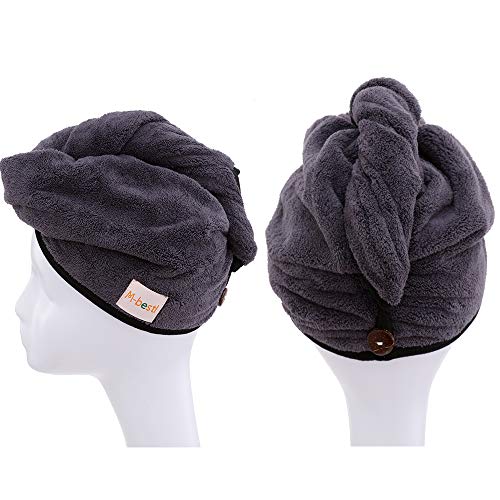 2 Pack Hair Drying Towels, Hair Towel Wrap, Super Absorbent Microfiber Hair Towel Turban With Button Design To Dry Hair More Quicker(Dark Gray& Blue) #TOP3